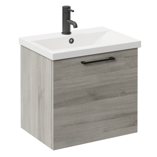 Napoli Molina Ash 500mm Wall Mounted Vanity Unit with 1 Tap Hole Basin and Single Drawer with Matt Black Handle Left Hand View