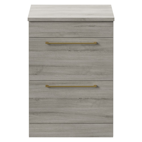 Napoli Molina Ash 600mm Floor Standing Vanity Unit for Countertop Basins with 2 Drawers and Brushed Brass Handles Front View