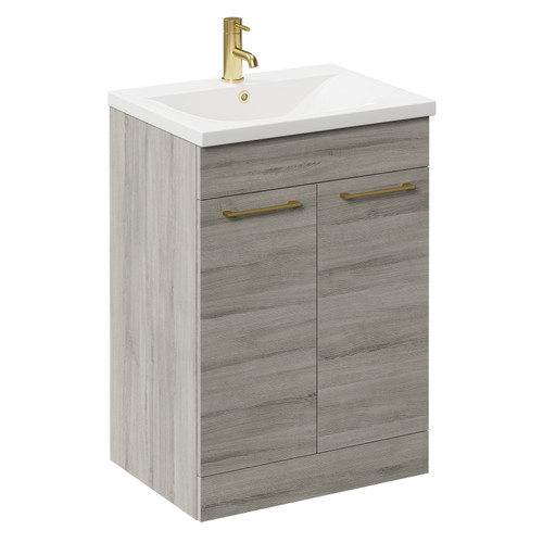 Napoli Molina Ash 600mm Floor Standing Vanity Unit with 1 Tap Hole Basin and 2 Doors with Brushed Brass Handles Left Hand View