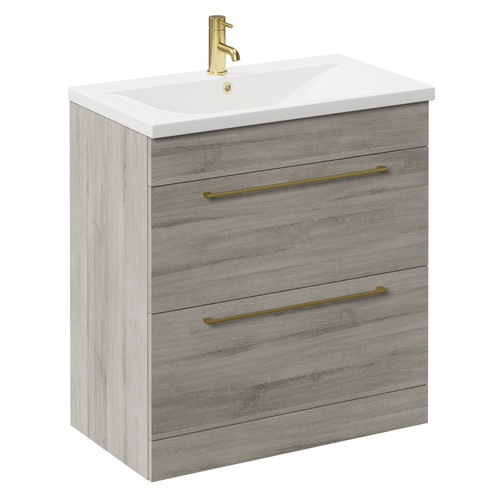 Napoli Molina Ash 800mm Floor Standing Vanity Unit with 1 Tap Hole Basin and 2 Drawers with Brushed Brass Handles Left Hand View