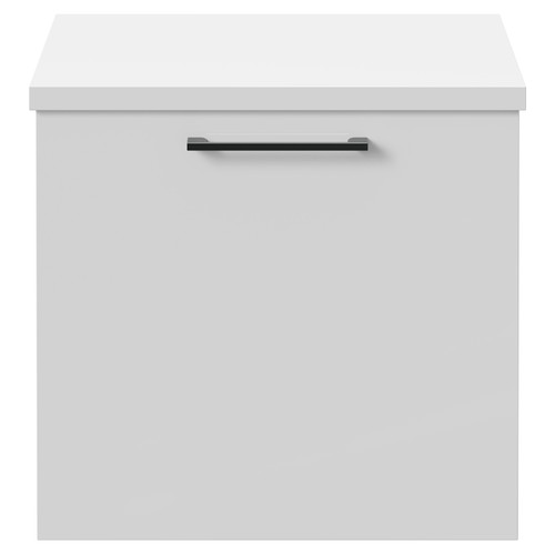 Napoli Gloss White 500mm Wall Mounted Vanity Unit for Countertop Basins with Single Drawer and Gunmetal Grey Handle Front View