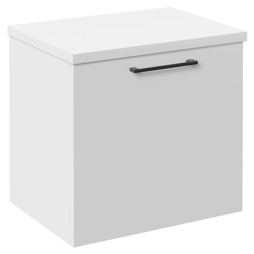 Napoli Gloss White 500mm Wall Mounted Vanity Unit for Countertop Basins with Single Drawer and Gunmetal Grey Handle Left Hand View