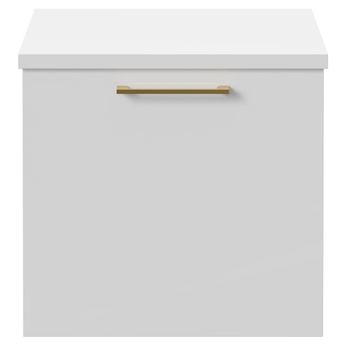 Napoli Gloss White 500mm Wall Mounted Vanity Unit for Countertop Basins with Single Drawer and Brushed Brass Handle Front View