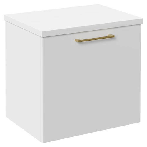 Napoli Gloss White 500mm Wall Mounted Vanity Unit for Countertop Basins with Single Drawer and Brushed Brass Handle Left Hand View