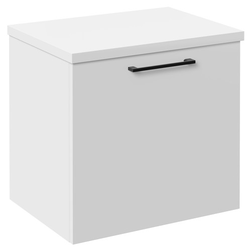 Napoli Gloss White 500mm Wall Mounted Vanity Unit for Countertop Basins with Single Drawer and Matt Black Handle Left Hand View