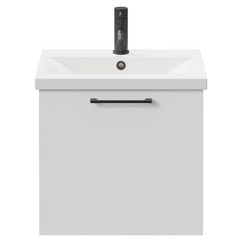 Napoli Gloss White 500mm Wall Mounted Vanity Unit with 1 Tap Hole Basin and Single Drawer with Matt Black Handle Front View