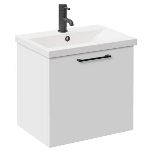 Napoli Gloss White 500mm Wall Mounted Vanity Unit with 1 Tap Hole Basin and Single Drawer with Matt Black Handle Left Hand View