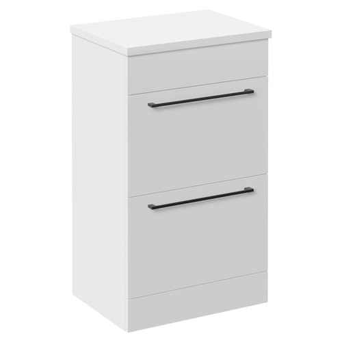 Napoli Gloss White 500mm Floor Standing Vanity Unit for Countertop Basins with 2 Drawers and Gunmetal Grey Handles Left Hand View
