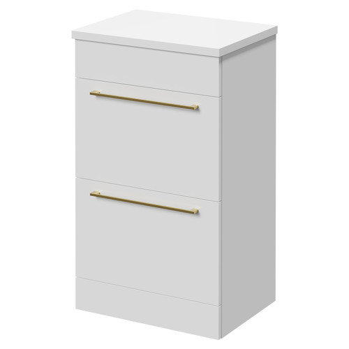 Napoli Gloss White 500mm Floor Standing Vanity Unit for Countertop Basins with 2 Drawers and Brushed Brass Handles Right Hand View