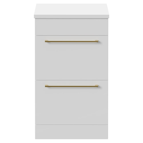 Napoli Gloss White 500mm Floor Standing Vanity Unit for Countertop Basins with 2 Drawers and Brushed Brass Handles Front View