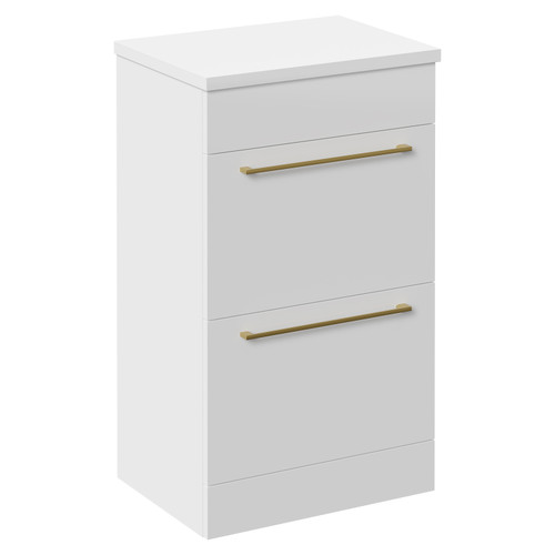 Napoli Gloss White 500mm Floor Standing Vanity Unit for Countertop Basins with 2 Drawers and Brushed Brass Handles Left Hand View