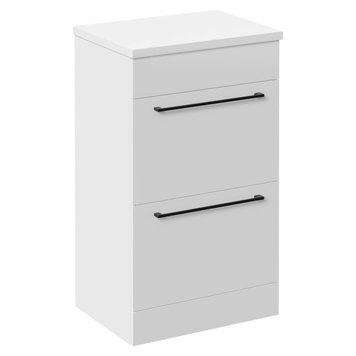 Napoli Gloss White 500mm Floor Standing Vanity Unit for Countertop Basins with 2 Drawers and Matt Black Handles Left Hand View