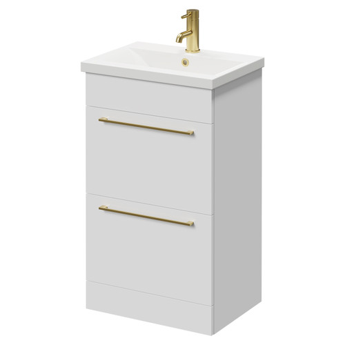 Napoli Gloss White 500mm Floor Standing Vanity Unit with 1 Tap Hole Basin and 2 Drawers with Brushed Brass Handles Right Hand View