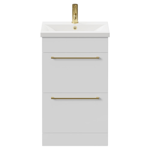 Napoli Gloss White 500mm Floor Standing Vanity Unit with 1 Tap Hole Basin and 2 Drawers with Brushed Brass Handles Front View