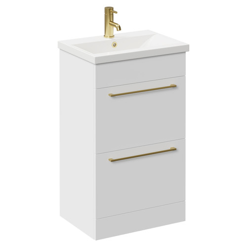 Napoli Gloss White 500mm Floor Standing Vanity Unit with 1 Tap Hole Basin and 2 Drawers with Brushed Brass Handles Left Hand View