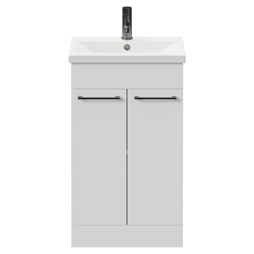 Napoli Gloss White 500mm Floor Standing Vanity Unit with 1 Tap Hole Basin and 2 Doors with Gunmetal Grey Handles Front View