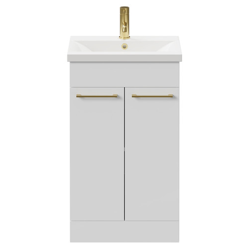 Napoli Gloss White 500mm Floor Standing Vanity Unit with 1 Tap Hole Basin and 2 Doors with Brushed Brass Handles Front View