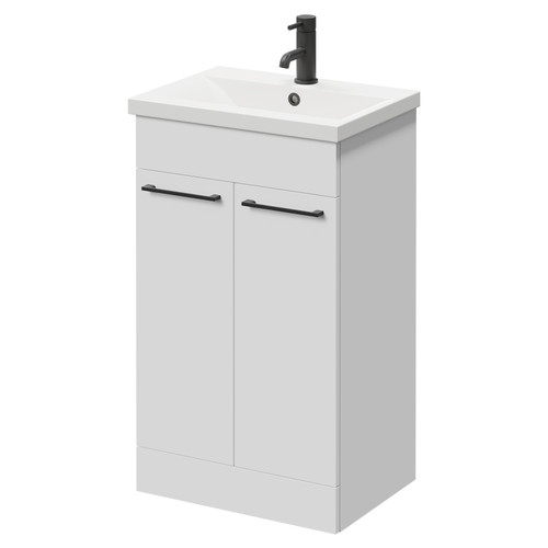 Napoli Gloss White 500mm Floor Standing Vanity Unit with 1 Tap Hole Basin and 2 Doors with Matt Black Handles Right Hand View