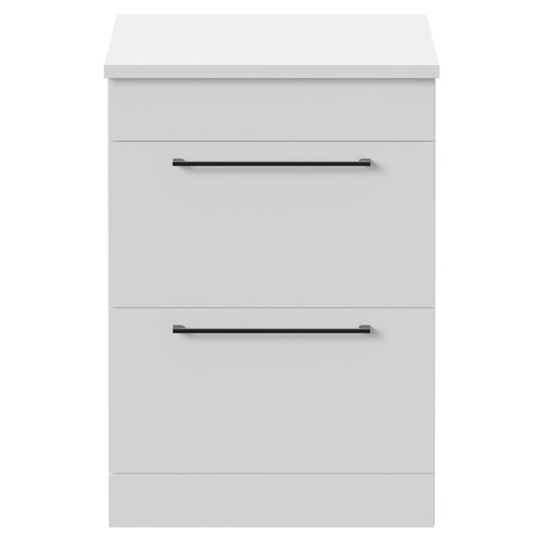 Napoli Gloss White 600mm Floor Standing Vanity Unit for Countertop Basins with 2 Drawers and Gunmetal Grey Handles Front View