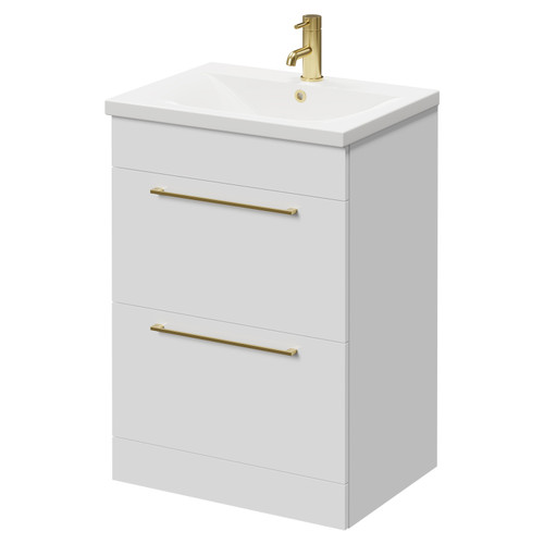 Napoli Gloss White 600mm Floor Standing Vanity Unit with 1 Tap Hole Basin and 2 Drawers with Brushed Brass Handles Right Hand View