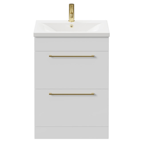 Napoli Gloss White 600mm Floor Standing Vanity Unit with 1 Tap Hole Basin and 2 Drawers with Brushed Brass Handles Front View