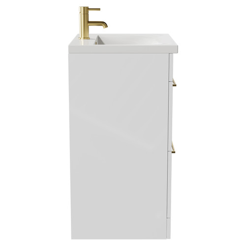 Napoli Gloss White 600mm Floor Standing Vanity Unit with 1 Tap Hole Basin and 2 Drawers with Brushed Brass Handles Side View