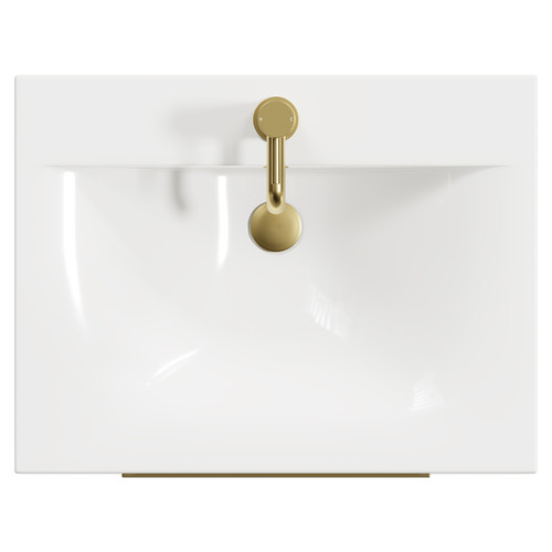 Napoli Gloss White 600mm Floor Standing Vanity Unit with 1 Tap Hole Basin and 2 Drawers with Brushed Brass Handles View from Top