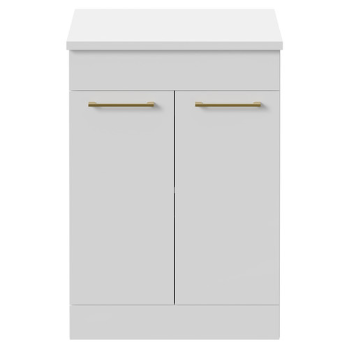 Napoli Gloss White 600mm Floor Standing Vanity Unit for Countertop Basins with 2 Doors and Brushed Brass Handles Front View