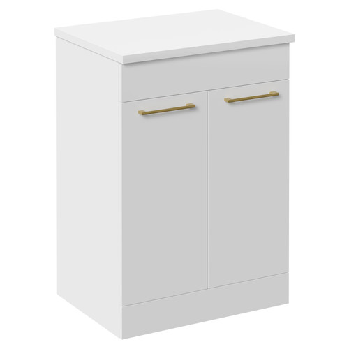 Napoli Gloss White 600mm Floor Standing Vanity Unit for Countertop Basins with 2 Doors and Brushed Brass Handles Left Hand View