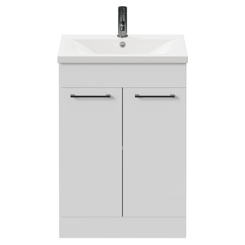 Napoli Gloss White 600mm Floor Standing Vanity Unit with 1 Tap Hole Basin and 2 Doors with Gunmetal Grey Handles Front View