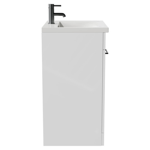 Napoli Gloss White 600mm Floor Standing Vanity Unit with 1 Tap Hole Basin and 2 Doors with Gunmetal Grey Handles Side View