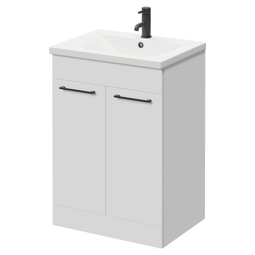 Napoli Gloss White 600mm Floor Standing Vanity Unit with 1 Tap Hole Basin and 2 Doors with Matt Black Handles Right Hand View