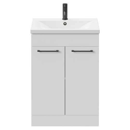 Napoli Gloss White 600mm Floor Standing Vanity Unit with 1 Tap Hole Basin and 2 Doors with Matt Black Handles Front View