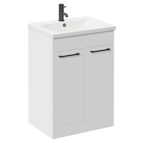 Napoli Gloss White 600mm Floor Standing Vanity Unit with 1 Tap Hole Basin and 2 Doors with Matt Black Handles Left Hand View