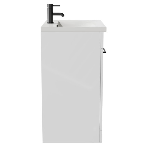 Napoli Gloss White 600mm Floor Standing Vanity Unit with 1 Tap Hole Basin and 2 Doors with Matt Black Handles Side View