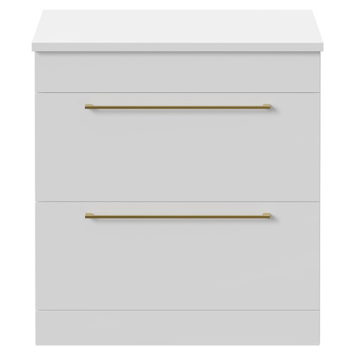 Napoli Gloss White 800mm Floor Standing Vanity Unit for Countertop Basins with 2 Drawers and Brushed Brass Handles Front View