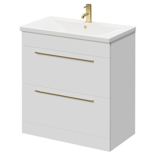 Napoli Gloss White 800mm Floor Standing Vanity Unit with 1 Tap Hole Basin and 2 Drawers with Brushed Brass Handles Right Hand View
