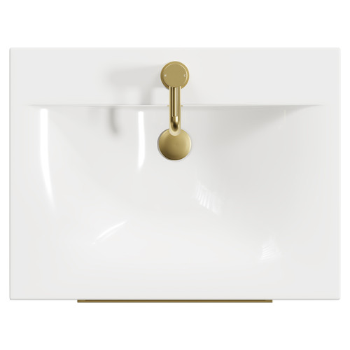 Napoli Gloss White 600mm Wall Mounted Vanity Unit with 1 Tap Hole Basin and 2 Drawers with Brushed Brass Handles View from Top