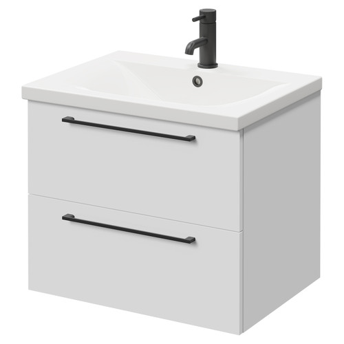 Napoli Gloss White 600mm Wall Mounted Vanity Unit with 1 Tap Hole Basin and 2 Drawers with Matt Black Handles Right Hand View