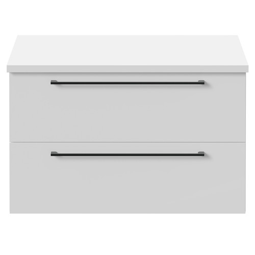 Napoli Gloss White 800mm Wall Mounted Vanity Unit for Countertop Basins with 2 Drawers and Gunmetal Grey Handles Front View