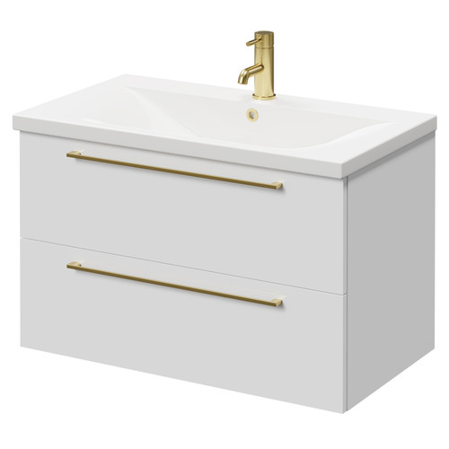 Napoli Gloss White 800mm Wall Mounted Vanity Unit with 1 Tap Hole Basin and 2 Drawers with Brushed Brass Handles Right Hand View