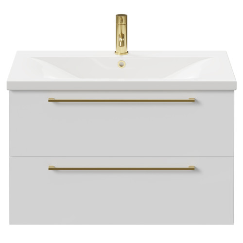 Napoli Gloss White 800mm Wall Mounted Vanity Unit with 1 Tap Hole Basin and 2 Drawers with Brushed Brass Handles Front View