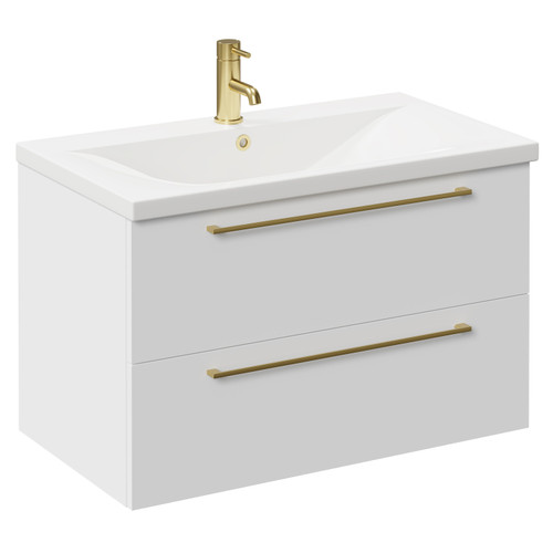 Napoli Gloss White 800mm Wall Mounted Vanity Unit with 1 Tap Hole Basin and 2 Drawers with Brushed Brass Handles Left Hand View