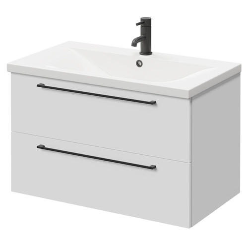 Napoli Gloss White 800mm Wall Mounted Vanity Unit with 1 Tap Hole Basin and 2 Drawers with Matt Black Handles Right Hand View