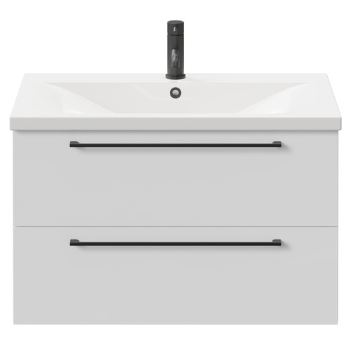 Napoli Gloss White 800mm Wall Mounted Vanity Unit with 1 Tap Hole Basin and 2 Drawers with Matt Black Handles Front View