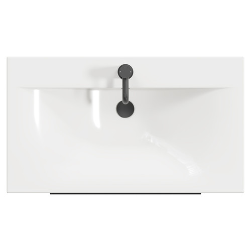 Napoli Gloss White 800mm Wall Mounted Vanity Unit with 1 Tap Hole Basin and 2 Drawers with Matt Black Handles View from Top