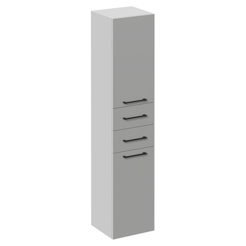 Napoli Gloss Grey Pearl 350mm x 1600mm Wall Mounted Tall Storage Unit with 2 Doors 2 Drawers and Gunmetal Grey Handles Left Hand View