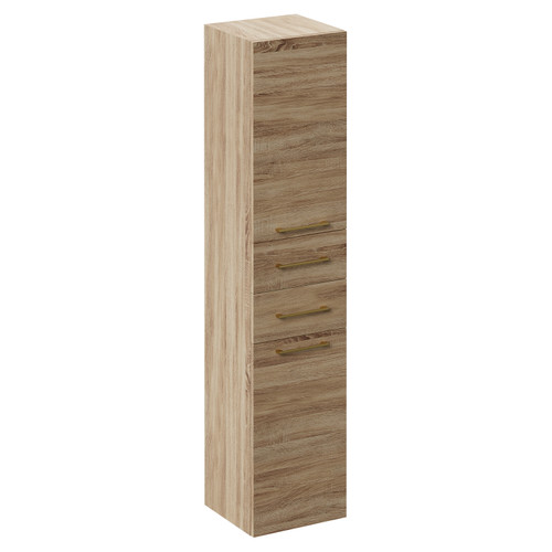 Napoli Bordalino Oak 350mm x 1600mm Wall Mounted Tall Storage Unit with 2 Doors 2 Drawers and Brushed Brass Handles Left Hand View