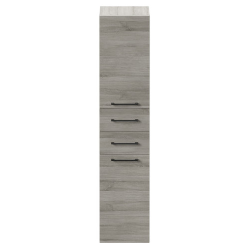 Napoli Molina Ash 350mm x 1600mm Wall Mounted Tall Storage Unit with 2 Doors 2 Drawers and Gunmetal Grey Handles Front View
