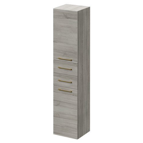 Napoli Molina Ash 350mm x 1600mm Wall Mounted Tall Storage Unit with 2 Doors 2 Drawers and Brushed Brass Handles Right Hand View